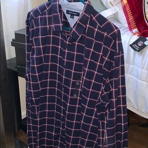 Navy and red button up